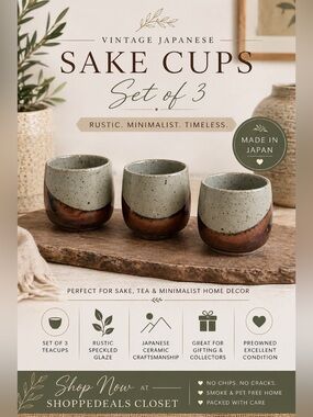 Vintage Japanese Ceramic Sake Cups Set of 3 – Rustic Speckled Teacups